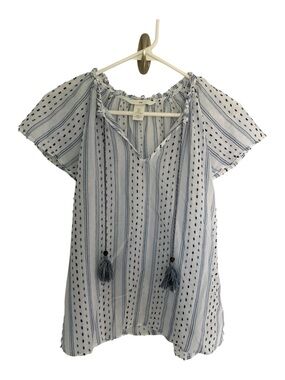 H&M Small White and Light Blue Striped Short Sleeve Cotton Peasant Blouse
